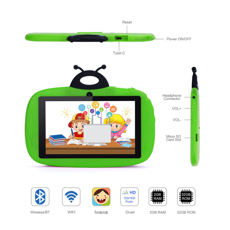C idea Dual Camera WiFi 7 Inch Tablet PC Android Anak-anak Untuk Pembelajaran Anak Kecil 128GB dengan Case/ Kids App CM75 (hijau)