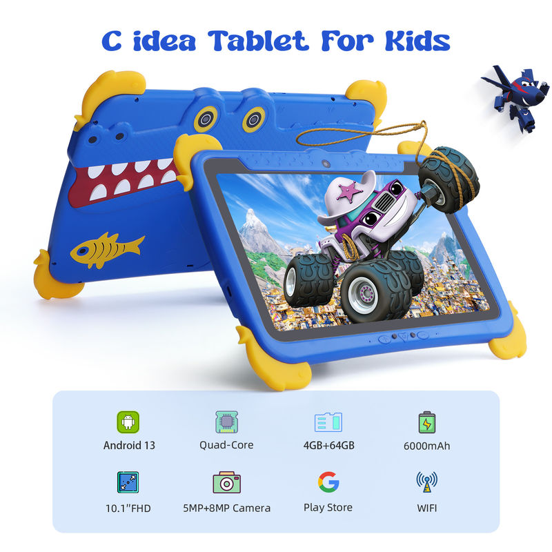 C idea Kids Tab 10.1inch Android 13 Tablet untuk Anak 4GB RAM 64GB ROM Perlindungan Mata Layar sentuh untuk anak-anak 3-8 tahun