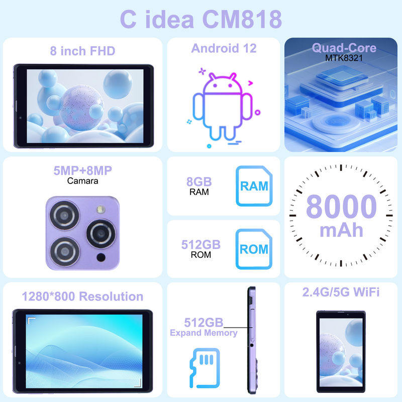 C Idea Portable 8 In Android Tablet PC 8GB RAM 512 GB Android 12 Tablet IPS HD Display Quad Core CM818-Purple