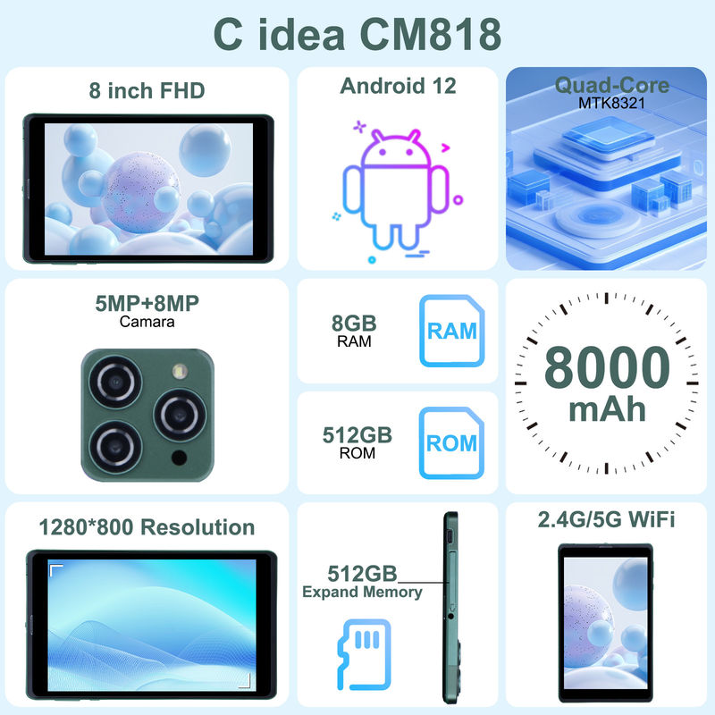 C idea 8 Inch Android Tablet PC Dengan Android 12 OS Quad Core CPU 8GB RAM 512GB Storage IPS HD Display CM818-Green