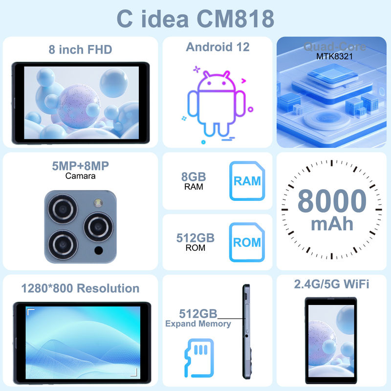 C idea Android Tablet PC Dual Kamera 8 Inch 1280x800 IPS HD Display Android 12 Tablet untuk Siswa CM818-Grey