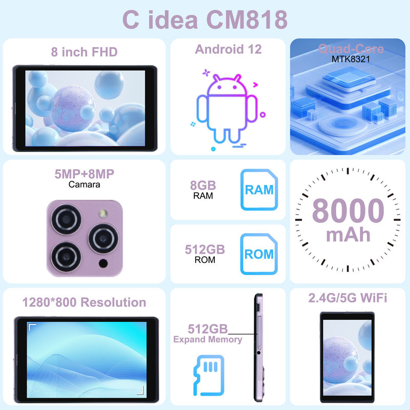 C idea 8 inci Android 12 Tablet 8000mAh Baterai 5+8MP Kamera 8GB RAM 512GB ROM untuk Pendidikan Pembelajaran CM818-merah