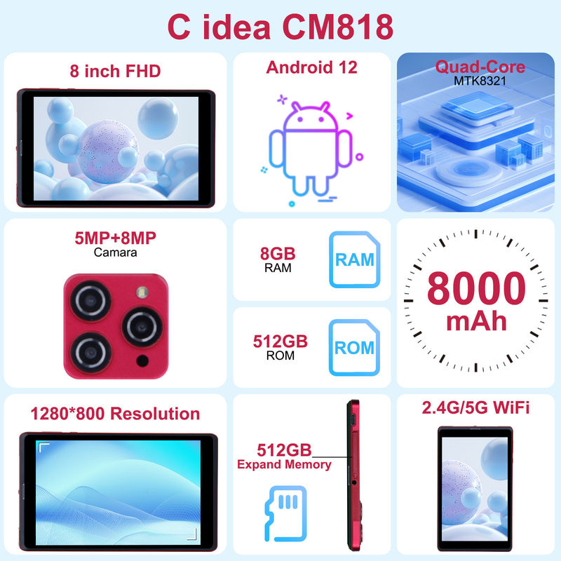 C idea 8 inci Android 12 Tablet 8GB RAM 512GB ROM 8000mAh Baterai 5+8MP Kamera untuk Mahasiswa dengan Dukungan SIM CM818-merah