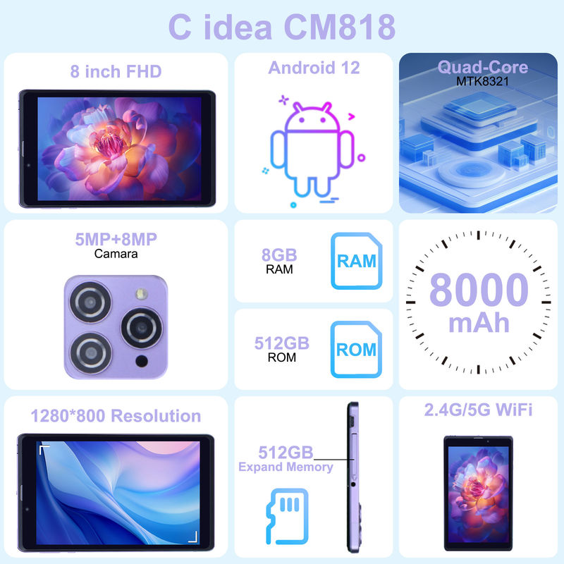 C Idea Portable 8 In Android Tablet PC 8GB RAM 512 GB Android 12 Tablet IPS HD Display Quad Core CM818-Purple
