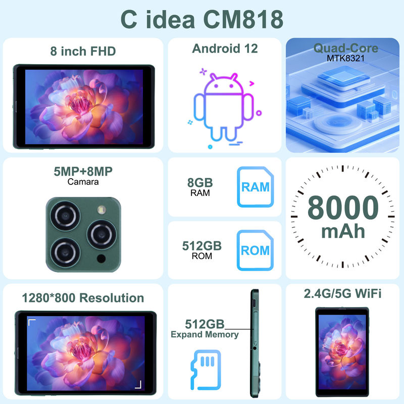 C idea Portable 8 Inch Android Tablet PC Dengan Android 12 Quad Core CPU 8GB RAM 512GB Storage IPS HD Display CM818-Green