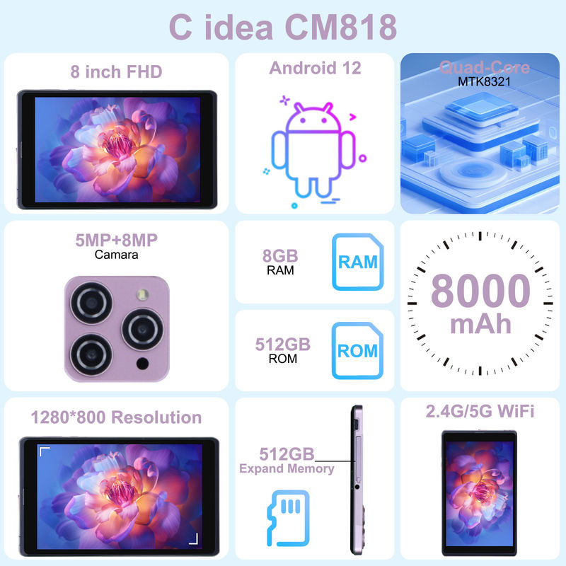 C Idea 8 Inch Android 12 Tablet 8000mAh Baterai 5MP+8MP Kamera 8GB RAM 512GB ROM Untuk Pendidikan Pembelajaran CM818-merah