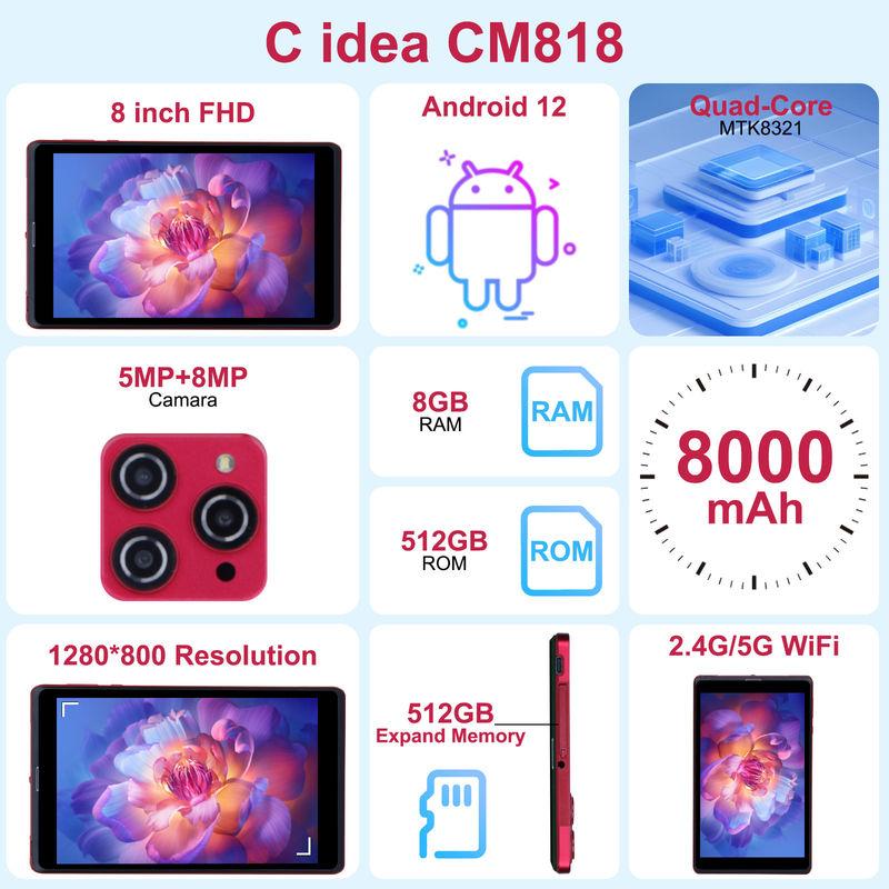 C idea 8 inci Android 12 Tablet 8GB RAM 512GB ROM 8000mAh Baterai 5+8MP Kamera untuk Remaja dengan Dukungan SIM CM818-merah