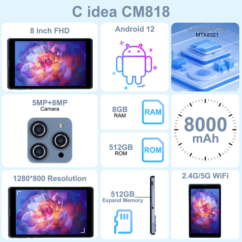 C idea Android Tablet PC Dual Kamera 8 Inch 1280x800 IPS HD Display Android 12 Tablet untuk Remaja CM818-Grey
