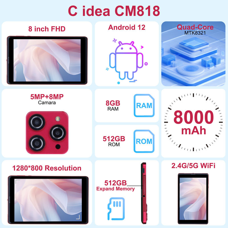 C idea 8 inci Android 12 Tablet 8GB RAM 512GB ROM 8000mAh Baterai 5+8MP Kamera untuk Mahasiswa dengan Dukungan SIM CM818-merah