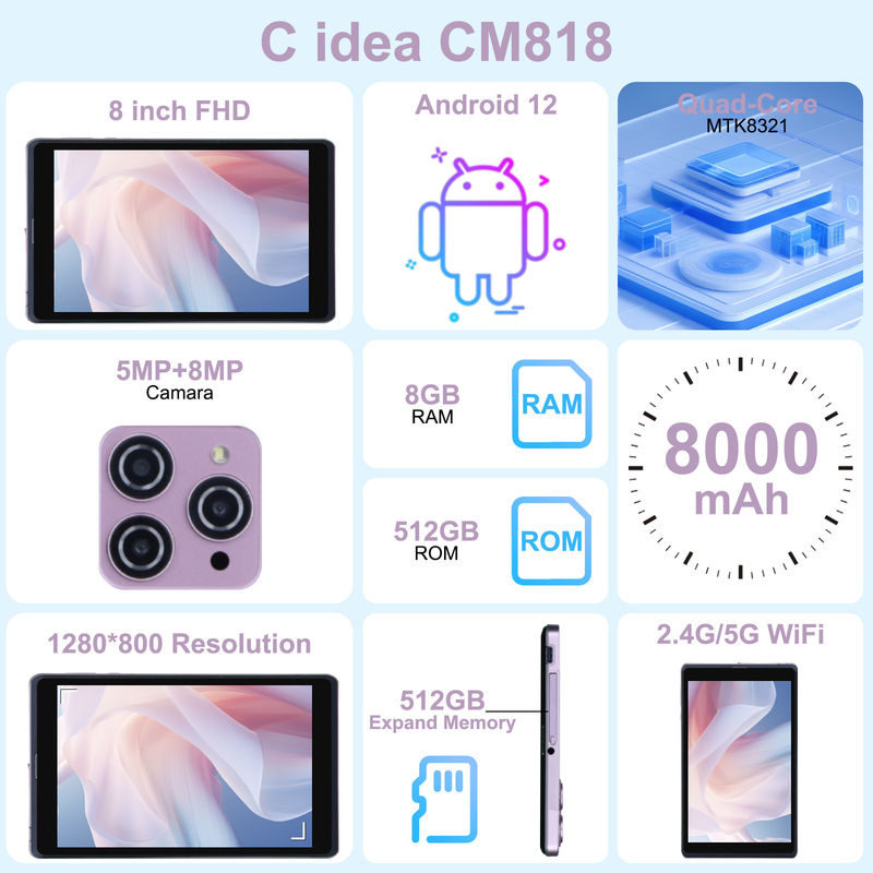 C idea 8 inci Android 12 Tablet 8000mAh Baterai 5+8MP Kamera 8GB RAM 512GB ROM untuk Pendidikan Pembelajaran CM818-merah