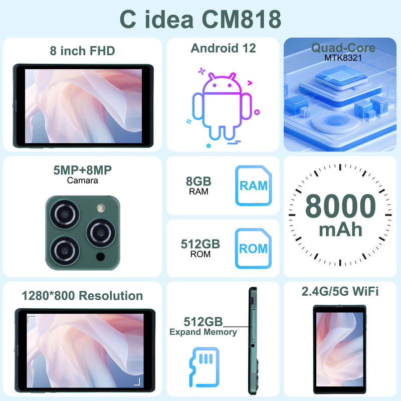 C idea 8 Inch Android Tablet PC Dengan Android 12 OS Quad Core CPU 8GB RAM 512GB Storage IPS HD Display CM818-Green