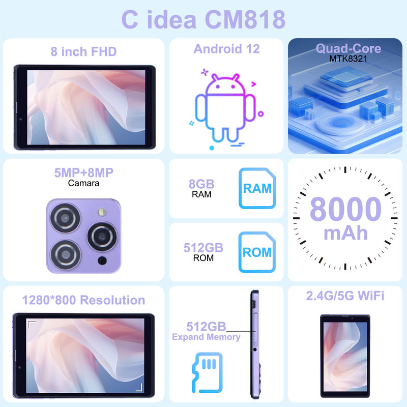 C Idea Portable 8 In Android Tablet PC 8GB RAM 512 GB Android 12 Tablet IPS HD Display Quad Core CM818-Purple