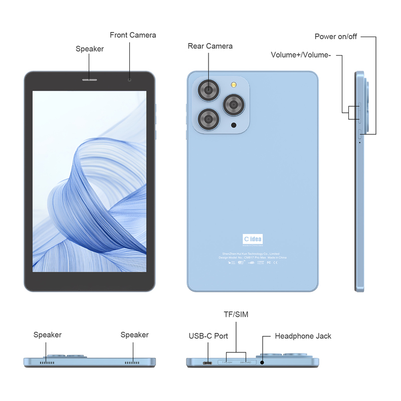 C idea Tablet Wifi 8 inci dengan penyimpanan 8+512GB Quad Core Processor 800x1280 IPS Touchscreen biru CM817 Pro