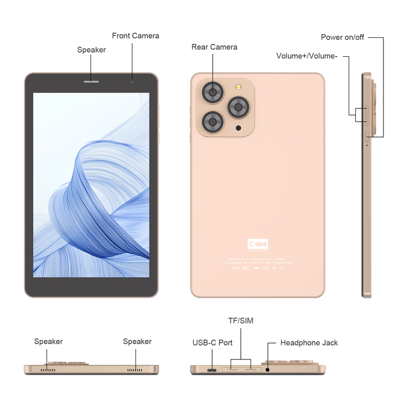 Tablet Wifi C idea 8 inci dengan Penyimpanan 8+512GB Prosesor Quad Core Layar Sentuh IPS 800x1280 emas CM817 Pro