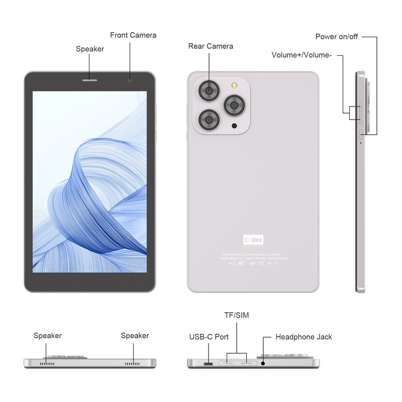 Tablet Wifi C idea 8 inci dengan Penyimpanan 8+512GB Prosesor Quad Core 800x1280 IPS Layar Sentuh perak CM817 Pro