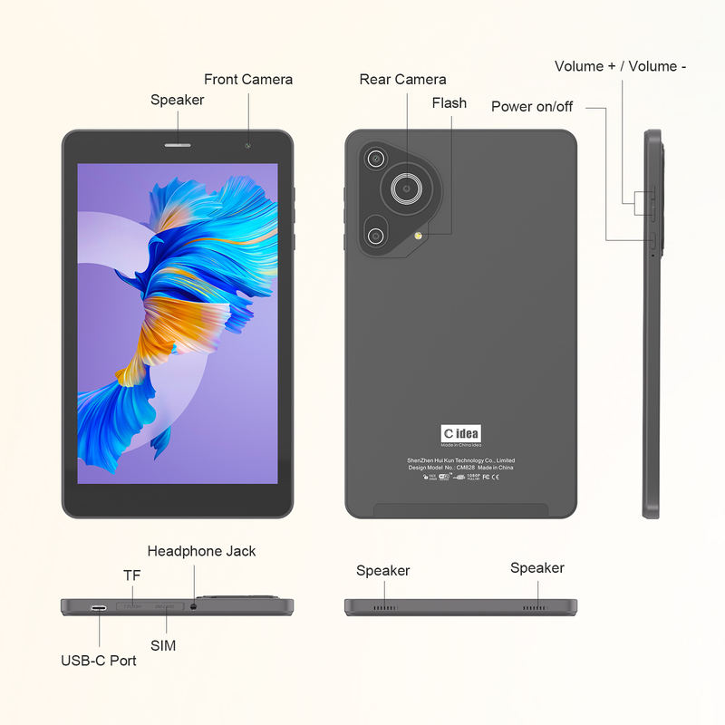 Tablet C idea Youth 8 Inci Android 15 dengan Layar Cahaya Hitam, WiFi, 8GB + 512GB, 800*1280 IPS incell CM828