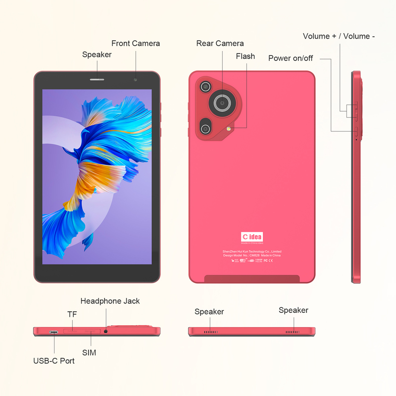 C idea Youth red 8 Inch Tablet Android 15 dengan slot kartu tf, WiFi,8GB +512GB, 800*1280 IPS incell CM828