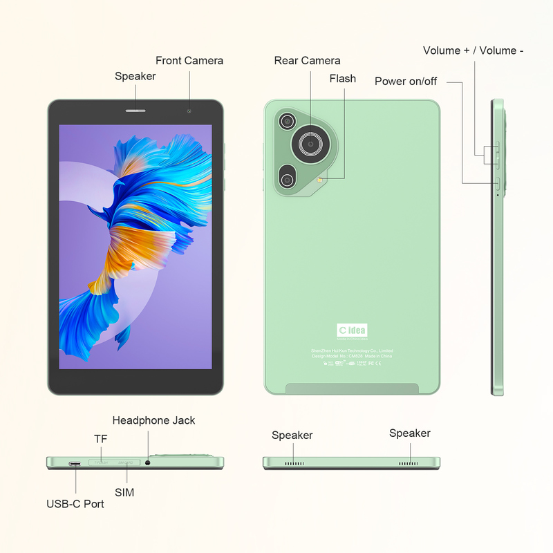 C ide Youth hijau 8 Inch Tablet Android 15 dengan slot kartu tf, WiFi,8GB +512GB, 800*1280 IPS incell CM828