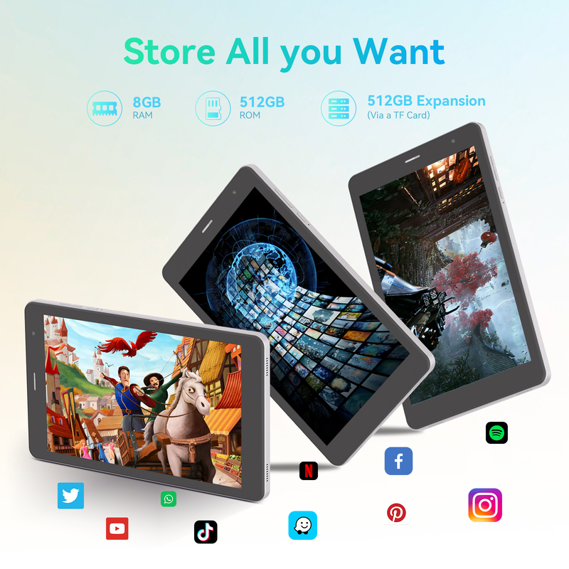 C idea Youth silver 8 Inch Tablet Android 15 dengan slot kartu tf, WiFi,8GB +512GB, 800*1280 IPS incell CM828